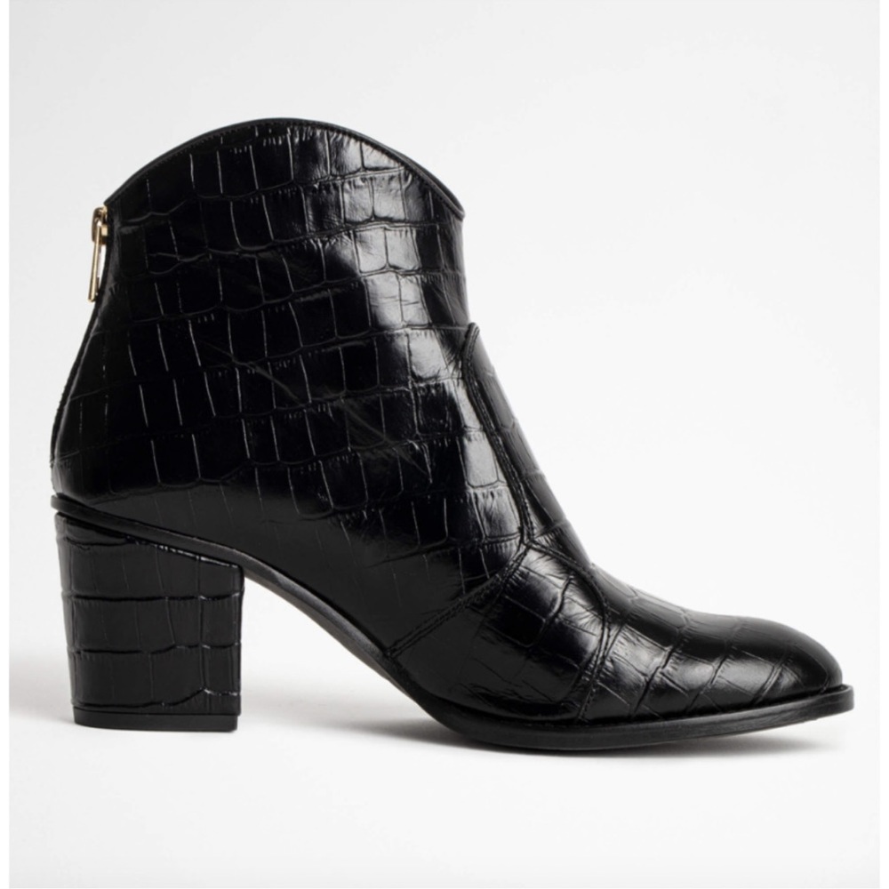 Zadig & Voltaire Molly Croco Western Ankle Boots Embossed Leather  Black